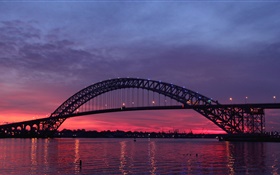 USA, New Jersey, Bayonne Bridge, river, sunset, twilight HD wallpaper