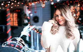 White sweater girl, curly hair, light HD wallpaper