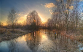 Winter, trees, river, snow, sunrise HD wallpaper