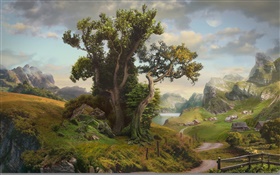 Art painting, house, trees, village, mountain, road, lake HD wallpaper