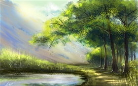 Beautiful painting, forest, lake, trees HD wallpaper