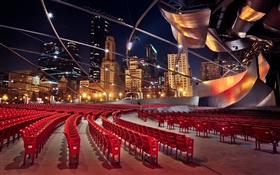 Chicago, Illinois, USA, buildings, skyscrapers, chairs, night HD wallpaper