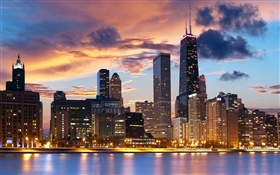 Chicago, USA, river, houses, evening, lights