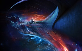 Creative pictures, fantasy world, space, ship, water, clouds, planets HD wallpaper