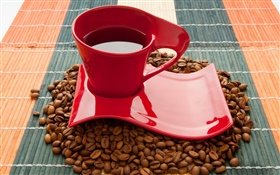 Cup, coffee beans, drink, red