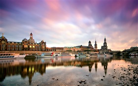 Dresden, Germany, morning, buildings, boats, Elbe river HD wallpaper