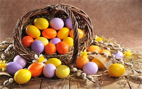 Easter, eggs, spring, willow twigs, basket HD wallpaper