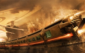 Fantasy art, railway, train, speed, sparks, attack HD wallpaper