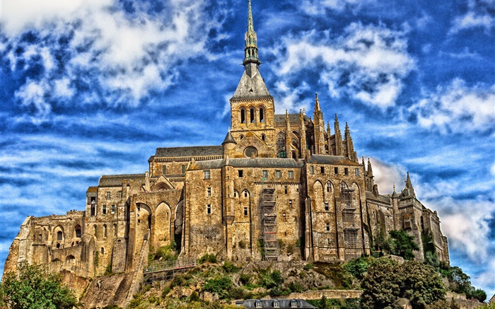 France, Normandy, castle, blue sky, clouds Wallpapers Pictures Photos Images