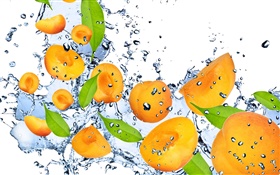 Fruit, apricot, fresh, water, splashes HD wallpaper