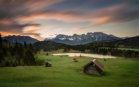 Germany, Bavaria, Alps, mountains, houses, trees, lake HD wallpaper
