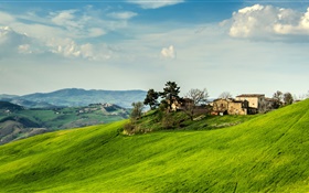 Italy, slope, grass, house, trees, clouds HD wallpaper