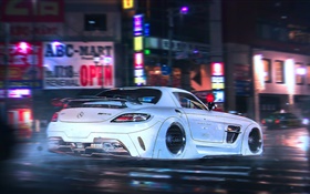 Mercedes-Benz SLS AMG supercar flight, high speed, night HD wallpaper