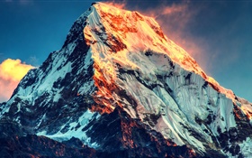 Mountain, top view, snow, sunlight HD wallpaper