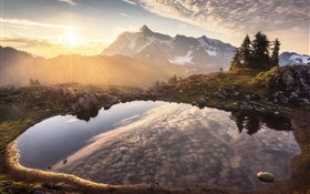 Mountains, pond, water reflection, dawn, sunrise HD wallpaper
