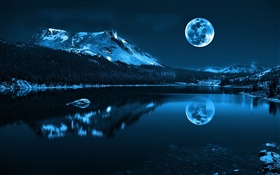 Night, moon, lake, mountains, reflection, stones