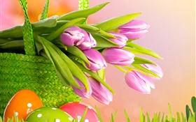 Purple tulips, flowers, basket, Easter, spring HD wallpaper