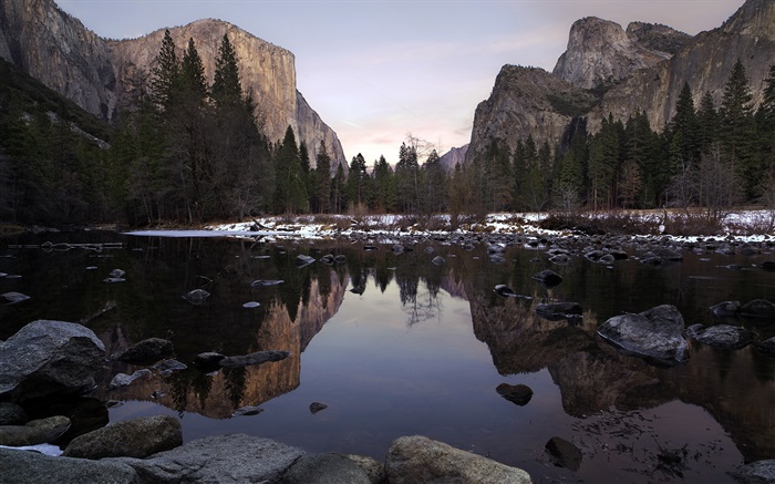 Yosemite Park, valley, mountains, lake, trees, stones Wallpapers Pictures Photos Images