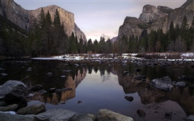 Yosemite Park, valley, mountains, lake, trees, stones HD wallpaper