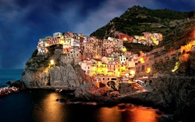 Amalfi, Italy, night, coast, city, rocks, house, lights, boats HD wallpaper