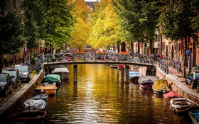 Amsterdam, Netherlands, bridge, river, boats, houses, trees, autumn HD wallpaper