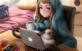Anime girl use laptop, room, cat, tea HD wallpaper