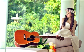 Asian music girl, white dress, guitar, tulips HD wallpaper