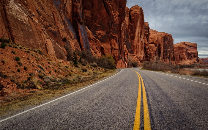 Asphalt road, rock mountains, dusk Wallpapers Pictures Photos Images