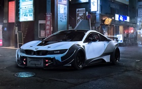BMW i8 white race car, city, night HD wallpaper
