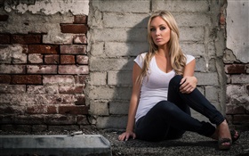 Blonde girl, eyes, sits at wall side HD wallpaper