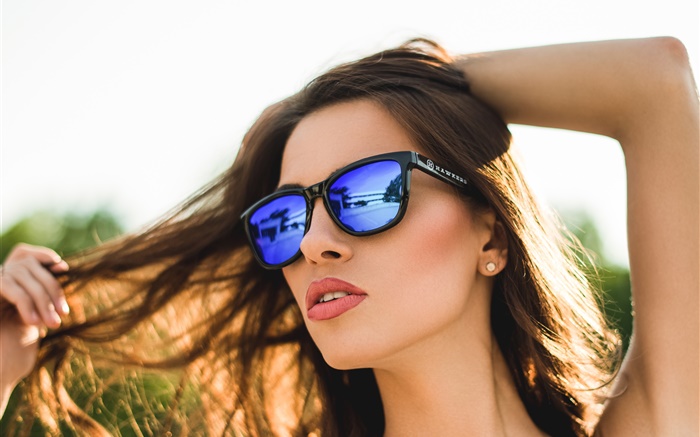 Blue glasses girl, lipstick, hair, summer Wallpapers Pictures Photos Images