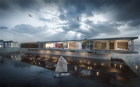 Building design, houseboat, house, night, people, clouds HD wallpaper