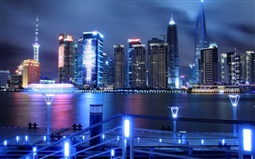 China, Shanghai, city night, skyscrapers, lights, river HD wallpaper