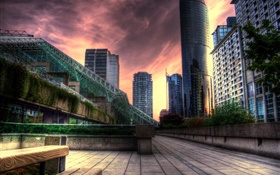 City, skyscrapers, high buildings, sunset