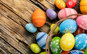 Easter eggs, colorful, wood board, basket HD wallpaper
