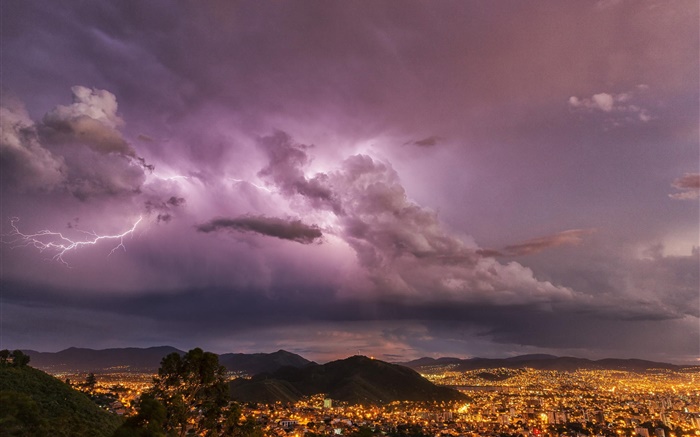 Evening, lightning, clouds, city, lights, storm Wallpapers Pictures Photos Images