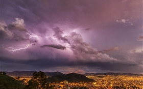 Evening, lightning, clouds, city, lights, storm HD wallpaper