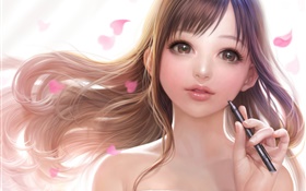 Fantasy girl, petals, hair, wind
