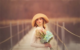 Girl at bridge, blonde, hat, portrait, flowers