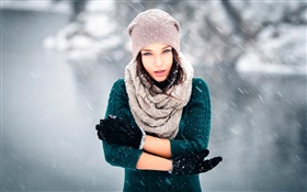 Girl in cold winter, snow, wind, gloves, hat HD wallpaper