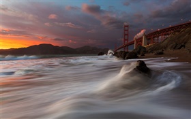 Golden Gate Bridge, Marshall Beach, sea, USA, San Francisco, night, clouds HD wallpaper