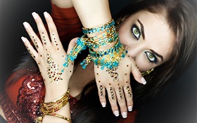 Green eyes girl, makeup, hands, jewelry, Indian HD wallpaper