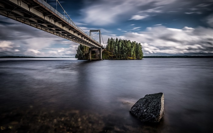 Lake, bridge, island, clouds, dusk Wallpapers Pictures Photos Images