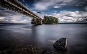 Lake, bridge, island, clouds, dusk HD wallpaper