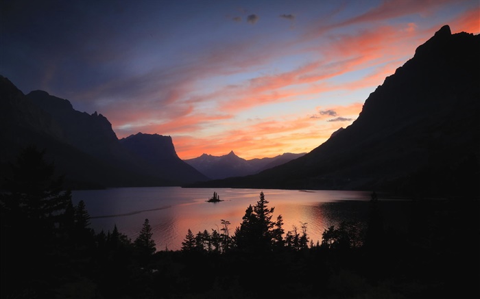Lake, mountains, trees, sunrise, morning, dawn Wallpapers Pictures Photos Images