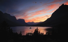 Lake, mountains, trees, sunrise, morning, dawn