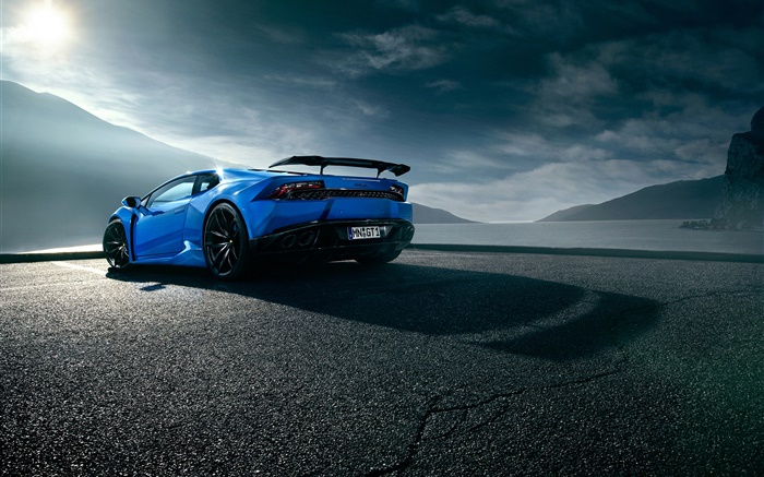 Lamborghini Huracan blue supercar rear view, clouds Wallpapers Pictures Photos Images