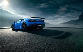 Lamborghini Huracan blue supercar rear view, clouds