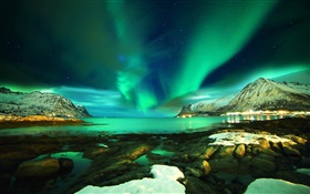 Lofoten Islands, Norway, Northern lights, mountains, sea, stones, night HD wallpaper