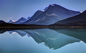 Mountains, lake, forest, water reflection, sky